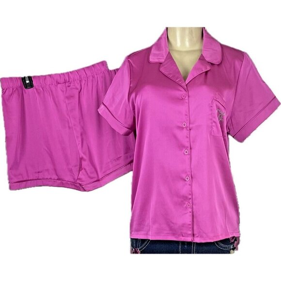 Juicy Couture L Pink Satin Logo Studded Button Short Sleeve & Shorts Pajama Set - Picture 5 of 7